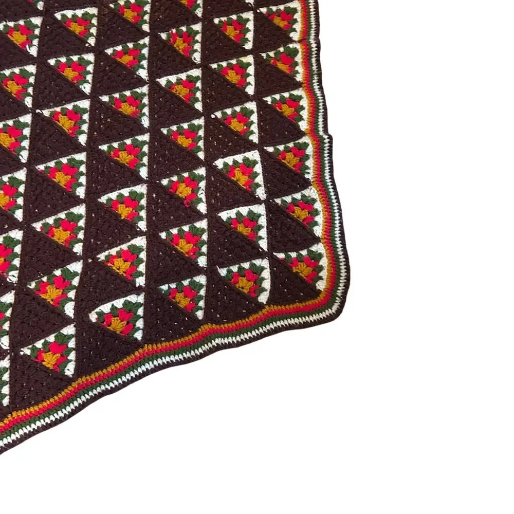 Vintage Hand Crocheted Brown Floral Basket Granny Square Afghan Throw 46x77
